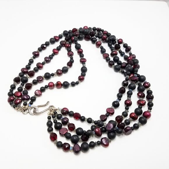 Vintage Beaded Necklace Pearled Burgundy, Matte Black Red Black Czech Crystal - Picture 7 of 10